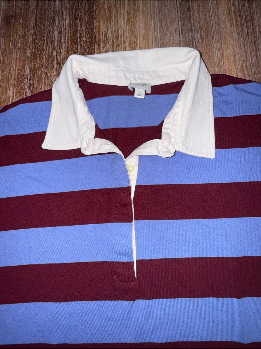 J. Crew Women’s Light Blue and Burgundy Striped Rugby Polo with White Collar